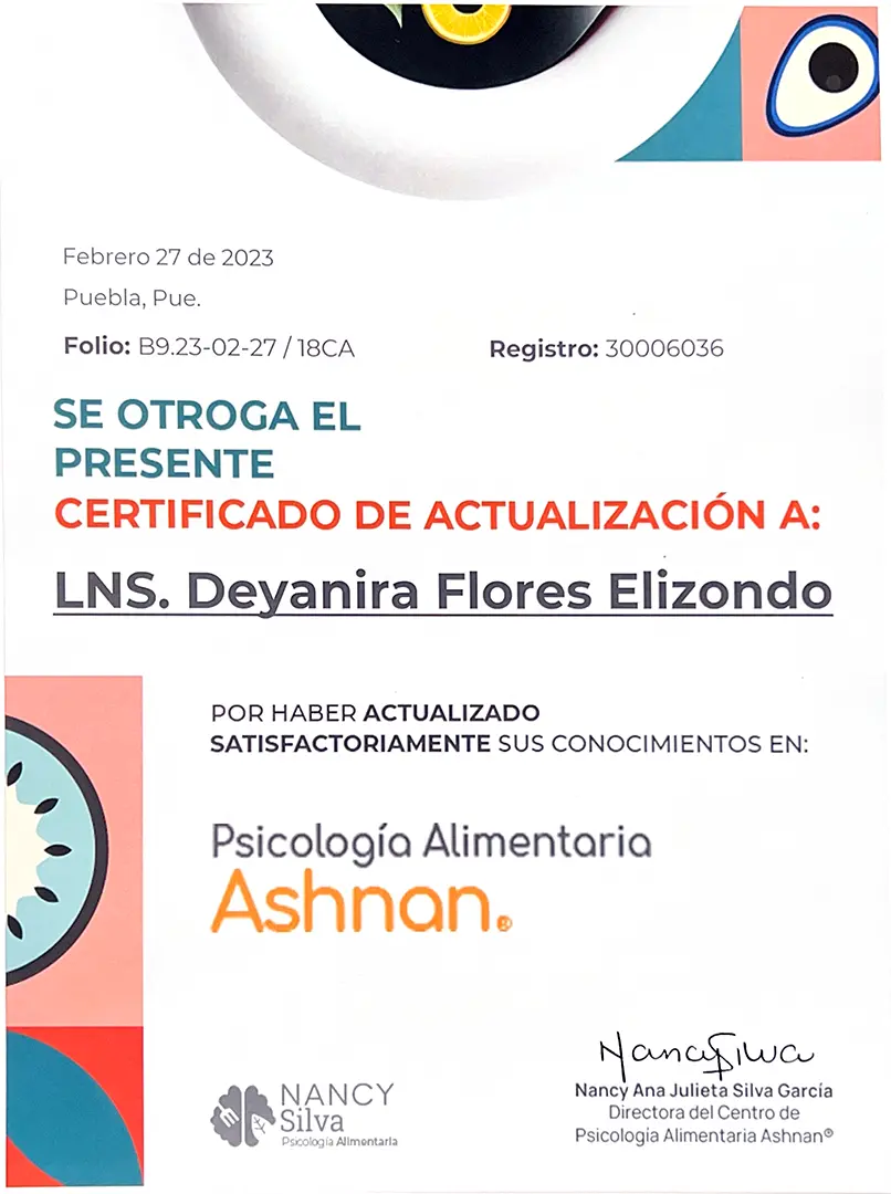 Certificado de Actualización 2023 en Psicología Alimentaria Ashnan - Deyanira Flores