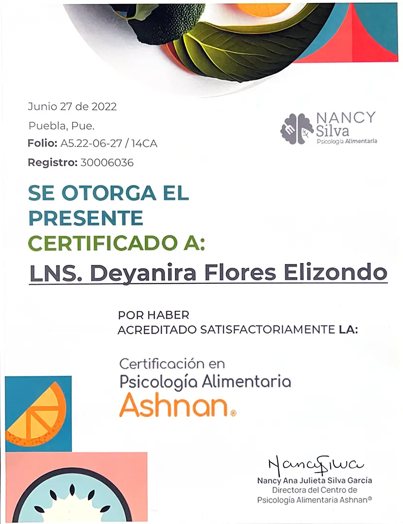 Certificado en Psicología Alimentaria Ashnan - Deyanira Flores