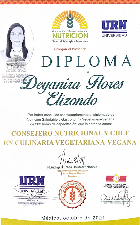 Diplomado Nutrición Saludable y Gastronomía Vegetariana-Vegana - Consejero Nutricional y Chef en Culinaria Vegetariana-Vegana - Deyanira Flores