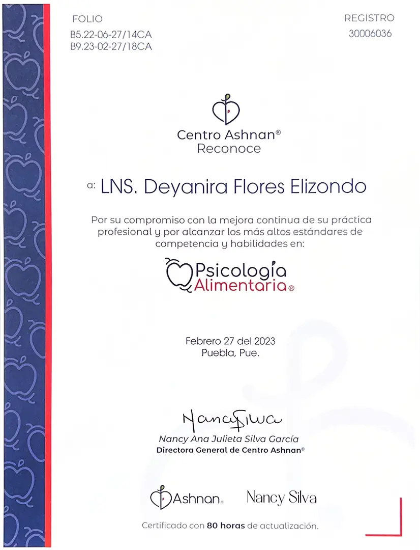 Reconocimiento en Psicología Alimentaria - Deyanira Flores