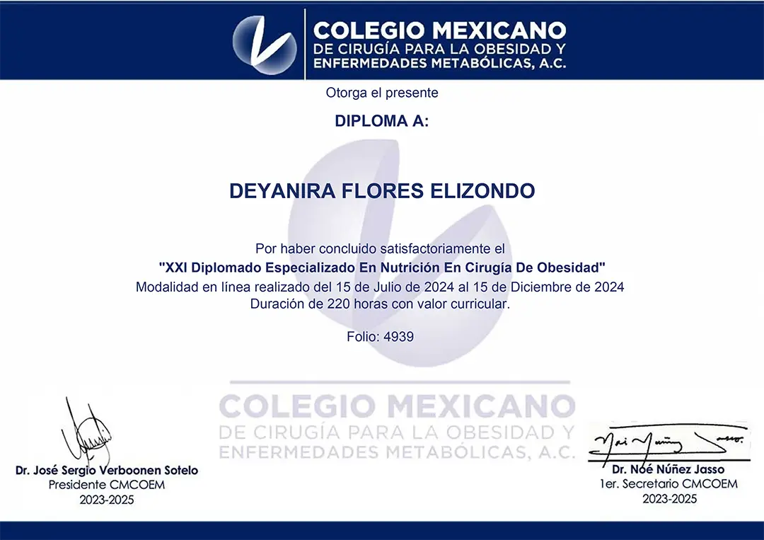 Diplomado Especializado en Nutrición en Cirugía de Obesidad - Deyanira Flores
