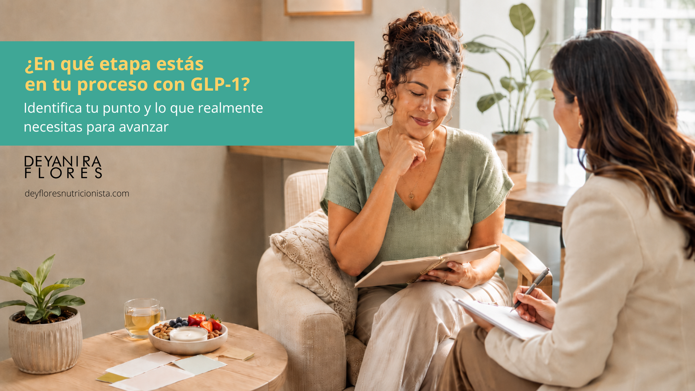 Mujer en acompañamiento nutricional identificando la etapa en la que se encuentra dentro de su proceso con GLP-1.