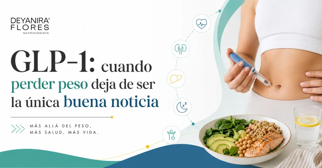 Persona con medicamento GLP-1 junto a un plato saludable e iconos relacionados con salud cardiovascular, renal y metabólica.