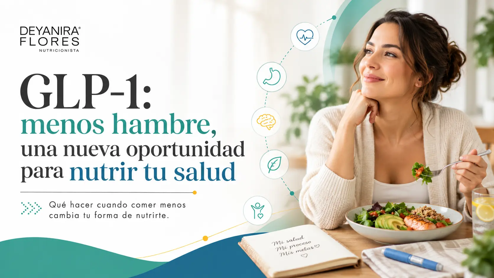 Mujer frente a una comida saludable durante un proceso de nutrición con tratamiento GLP-1